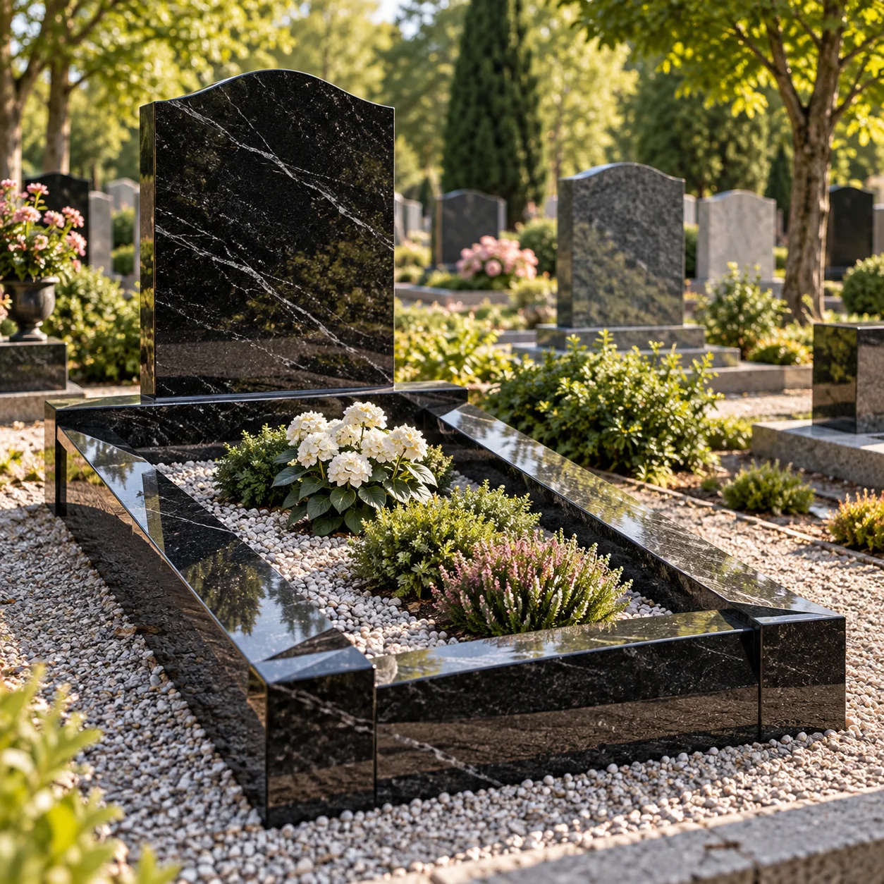 Granite kerb set with sloped top faces around a grave