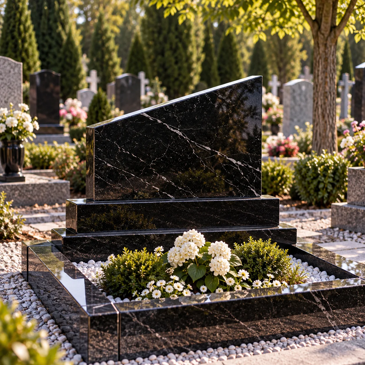Slant granite marker with a wedge profile on a flat base
