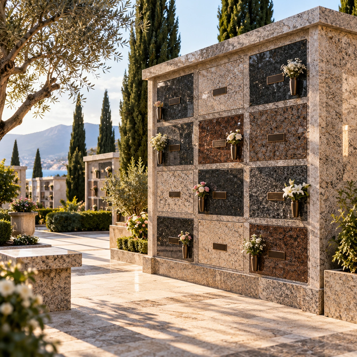 Southern European memorial style in granite — niche and loculi fronts