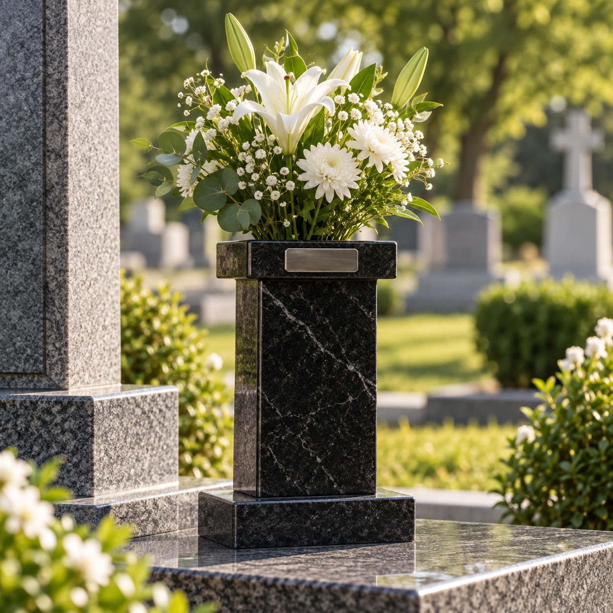 Square section granite memorial vase with polished faces