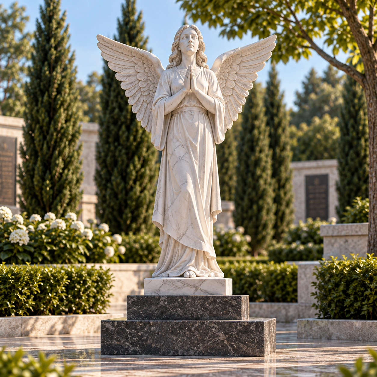 Carved granite standing angel with wings on a plinth