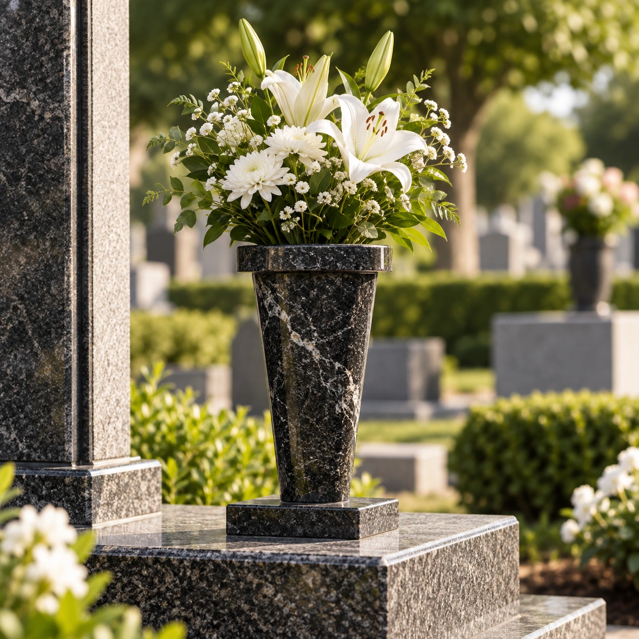 Tapered granite memorial vase narrowing towards the foot