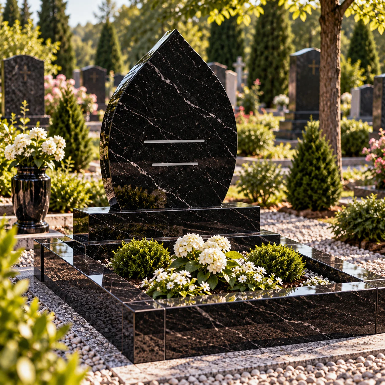 Teardrop granite headstone with tapered top and rounded shoulders