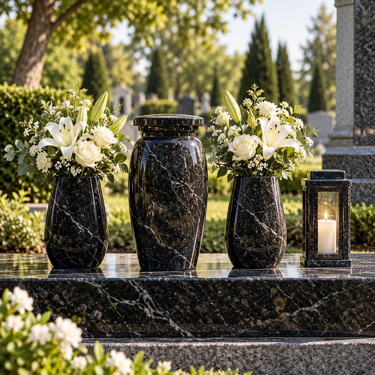 Matched granite set of urn, vases and lantern cut from one block run