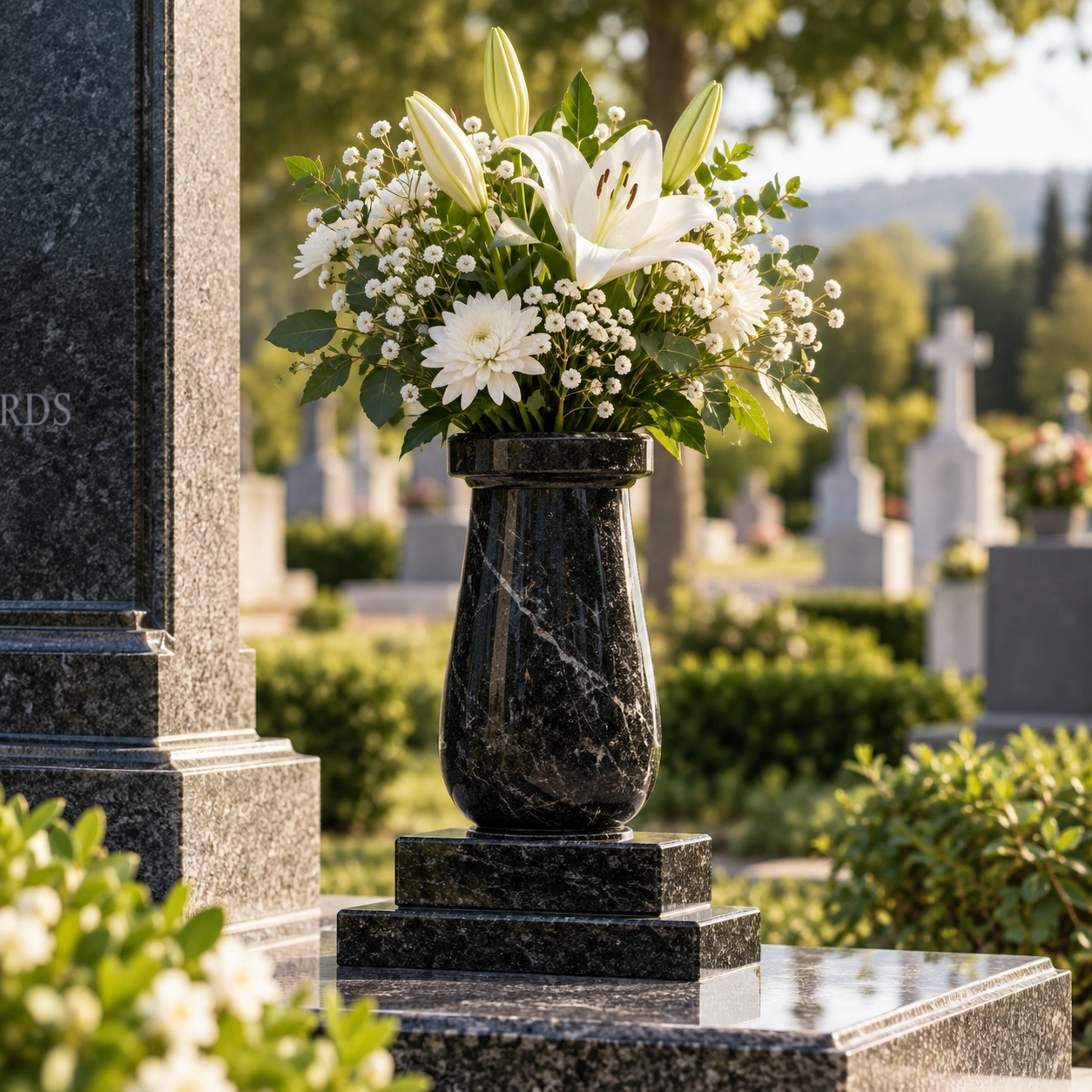 Granite memorial vase on a stepped plinth, cut as a matched pair