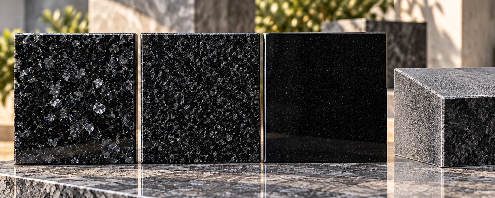 Close up comparison of three Indian black granites showing grain size, next to a sandblasted letter edge