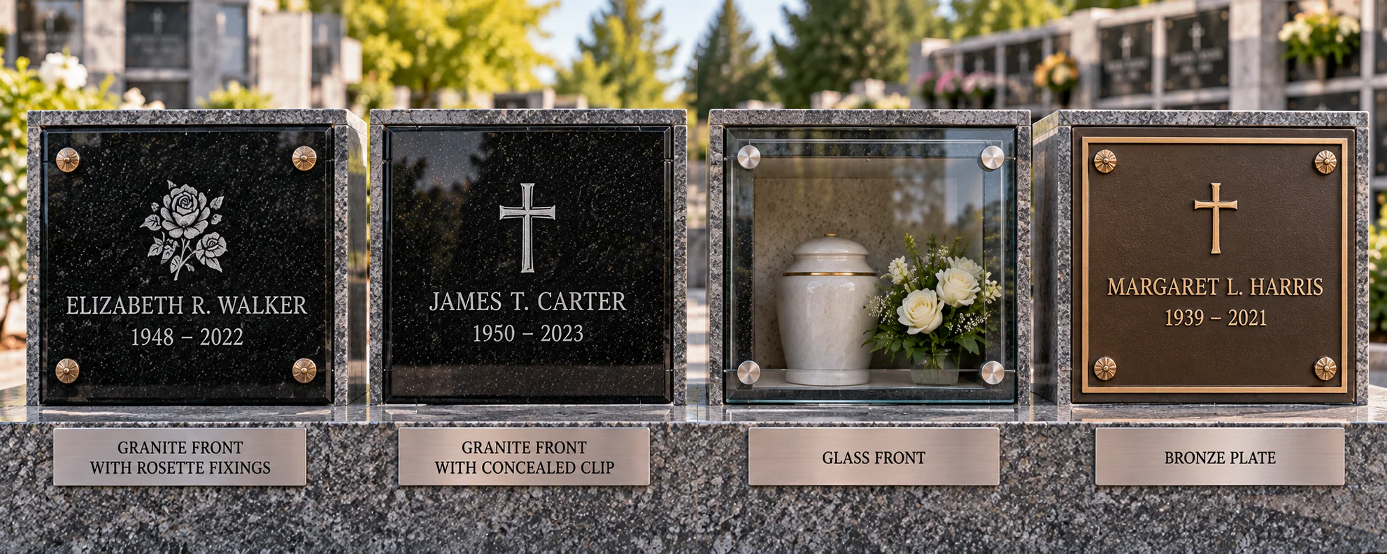 Four columbarium niche front types compared — granite with rosette fixings, concealed clip, glass front and bronze plate