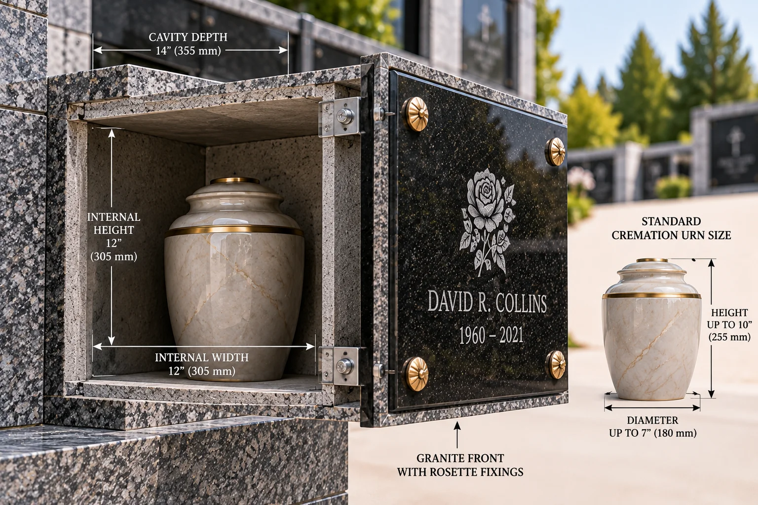 Cross section of a granite cremation niche showing the opening, cavity depth, urn inside and the front fixed in place