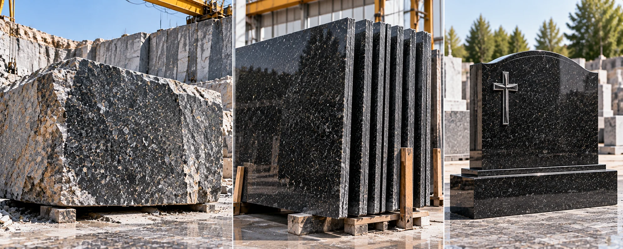 A granite quarry block, gangsaw slabs and a finished cut-to-size monument shown together to compare buying formats