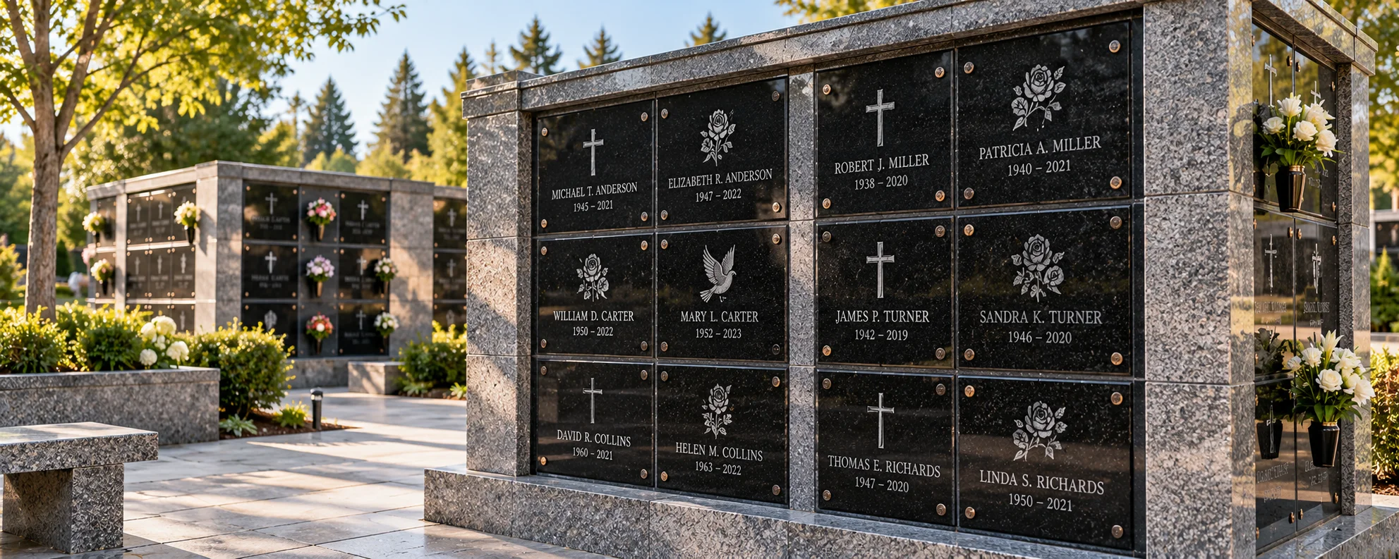 A granite columbarium wall with engraved niche fronts in a cremation garden, showing a bank of single and companion niches