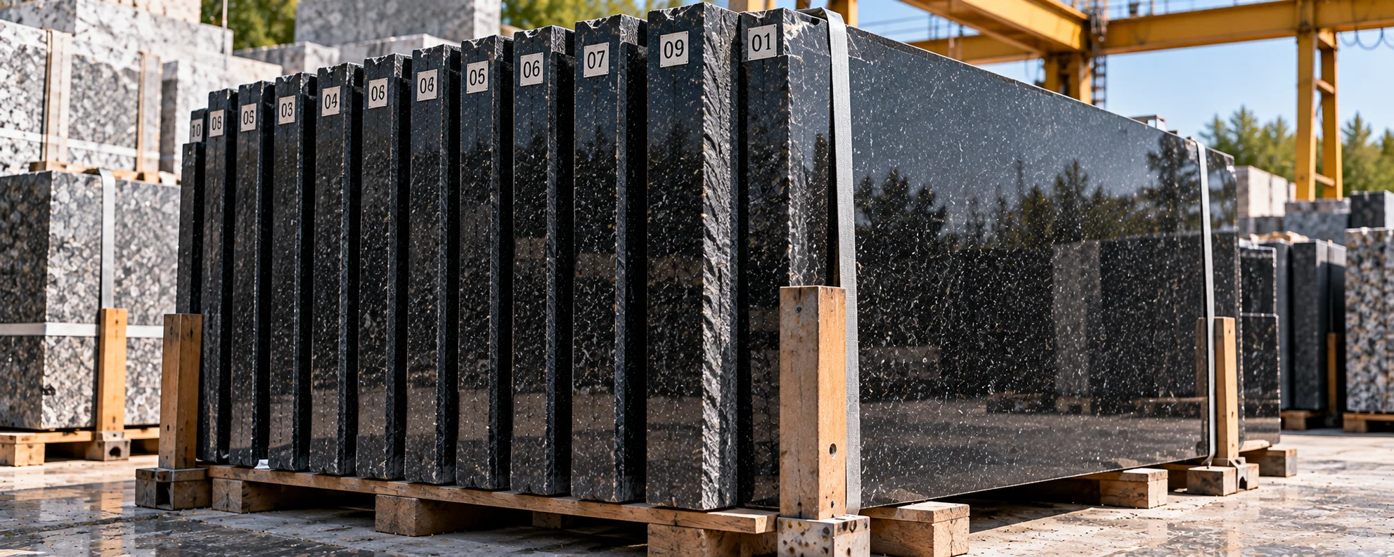 Granite gangsaw slabs stacked in sequence order after sawing, numbered so the batch stays together