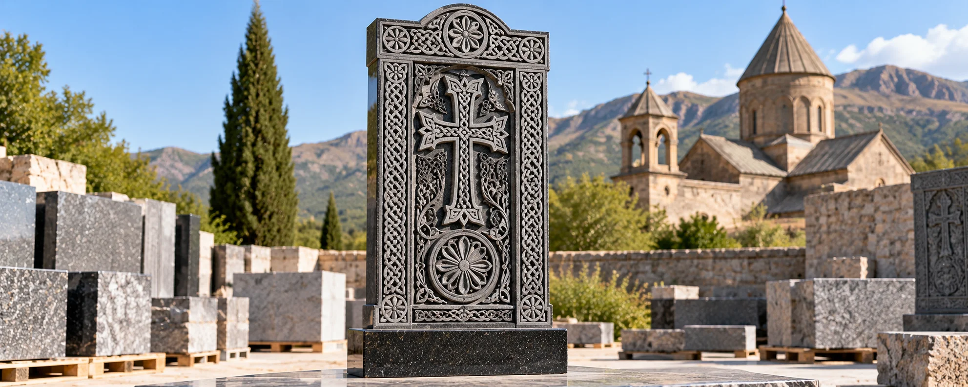 Carved granite khachkar with a central cross, rosette beneath it and interlace ornament filling the field