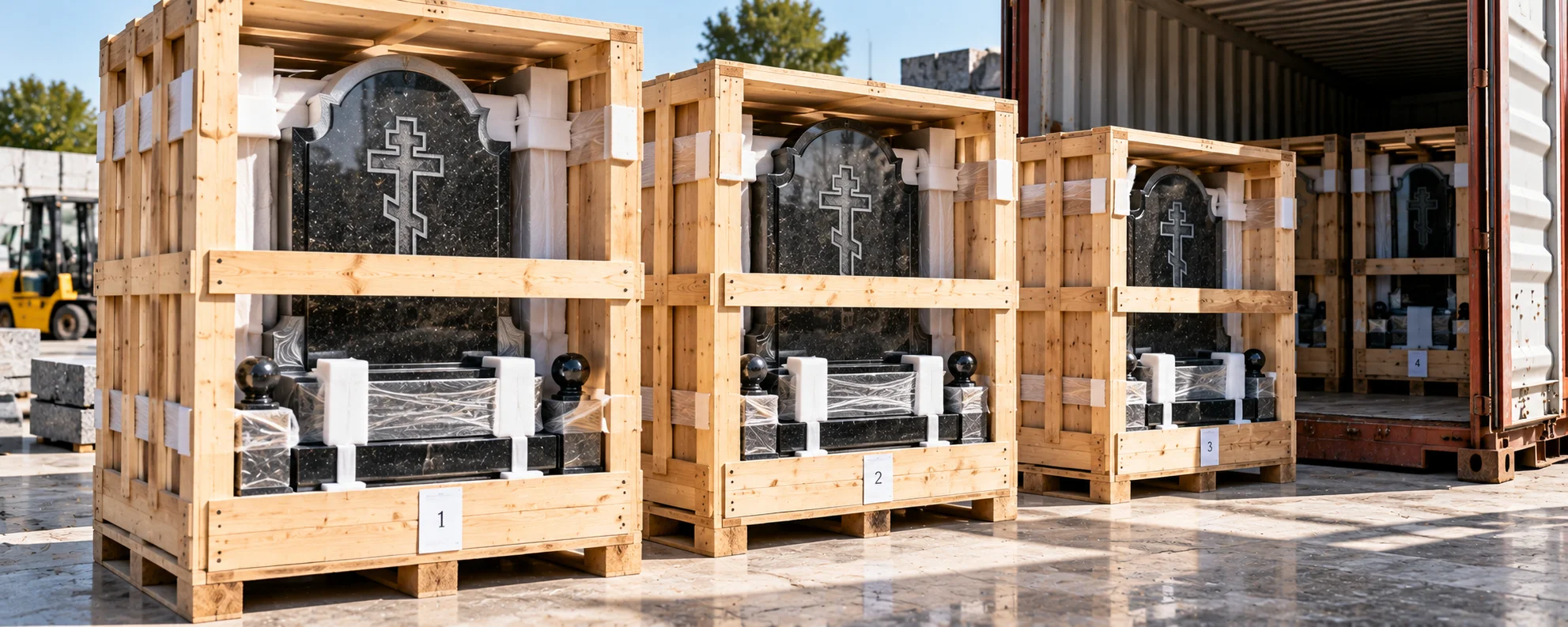 Granite monuments boarded and braced inside a numbered wooden crate before the container is sealed