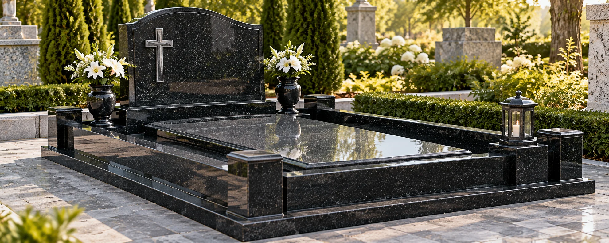 A complete granite grave plot set — monument, kerbs, cover slab, vases and lantern — all cut from one block run