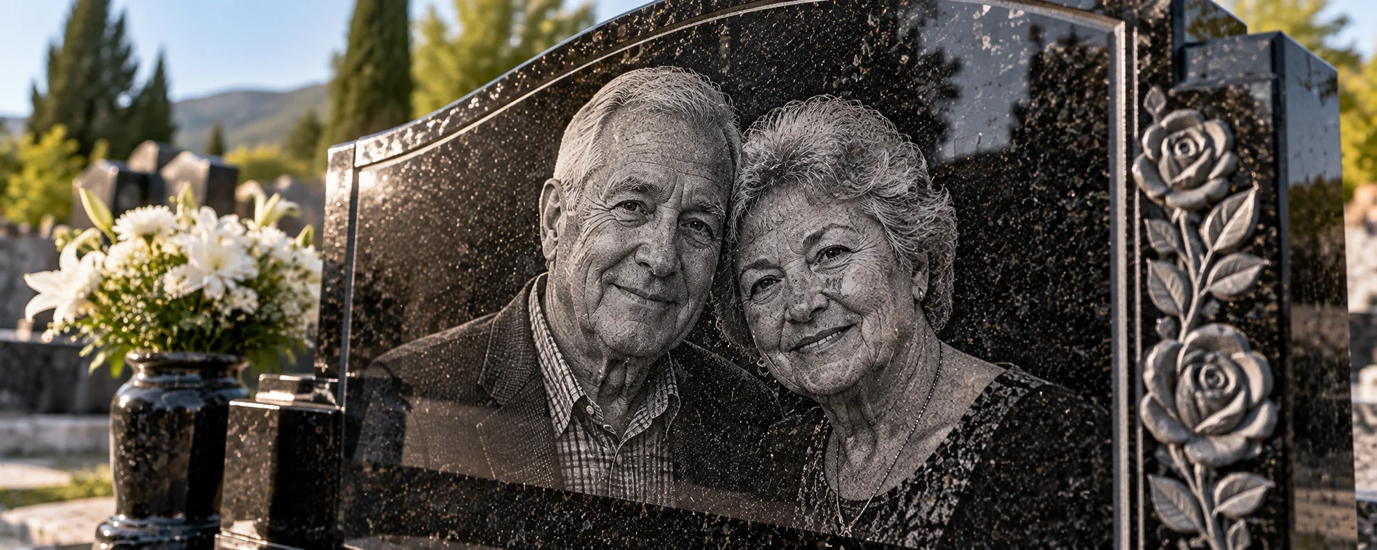 An etched photographic portrait on a polished black granite memorial, shown in raking light