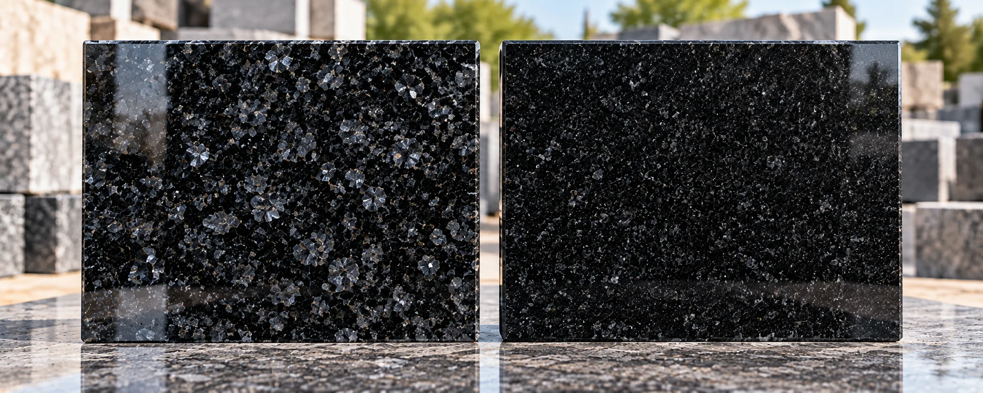 Two black granite samples from different blocks shown side by side, with a visible difference in shade and grain