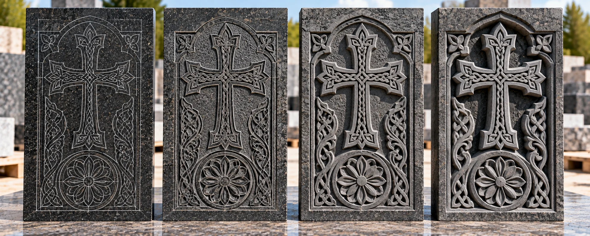 Four granite samples showing khachkar ornament at plain cut, outline carved, relief carved and deep undercut depths