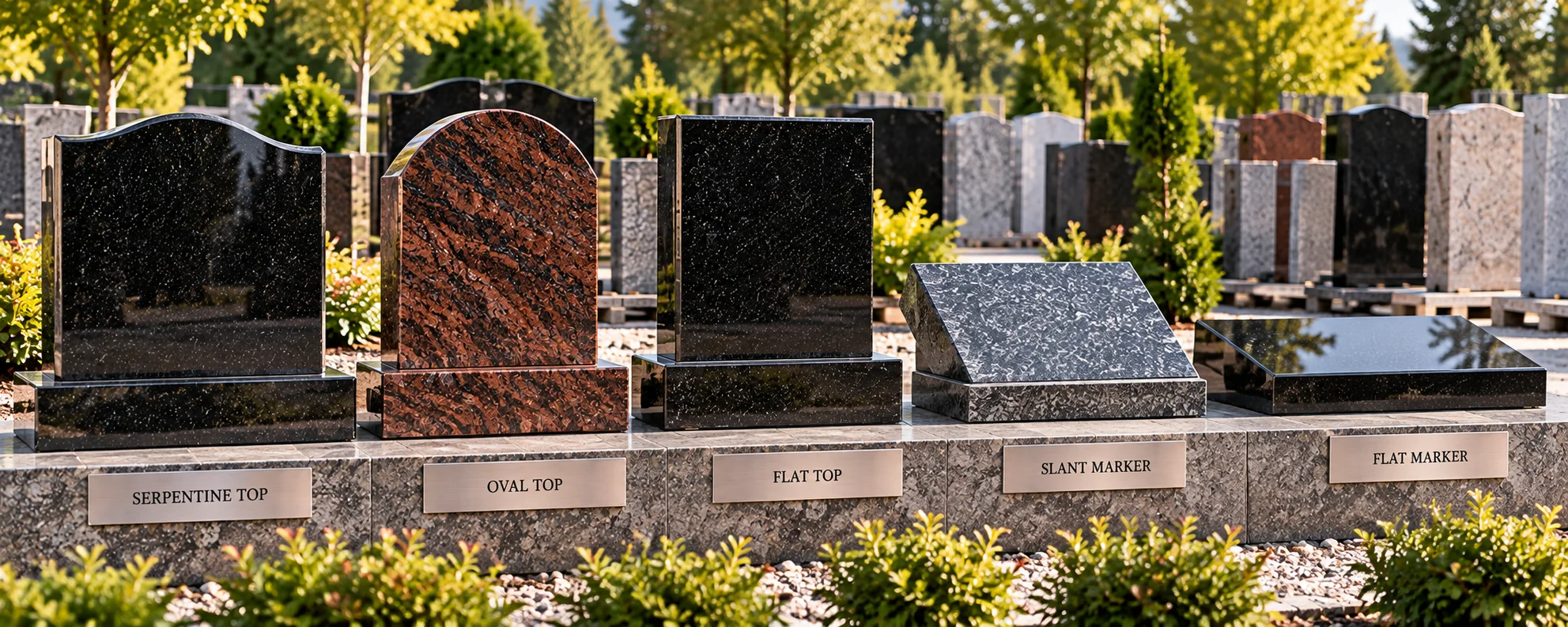 A range of polished granite monument blank shapes — serpentine top, oval top, flat top, slant marker and flat marker