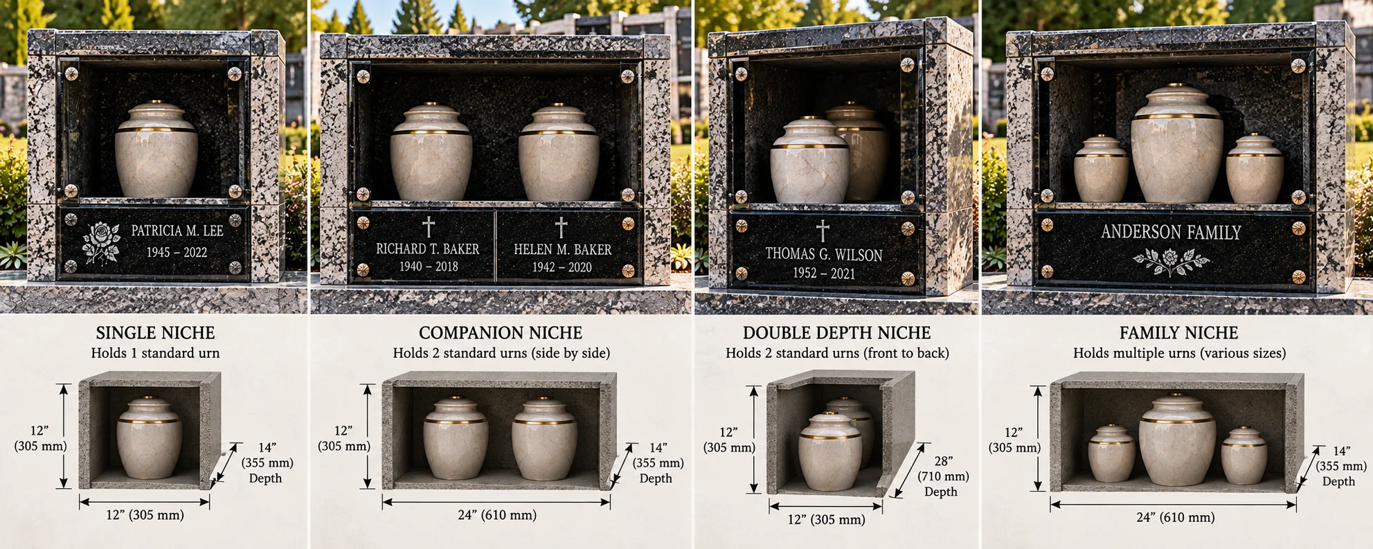 Four cremation niche configurations compared — single, companion side by side, double depth and family — showing urn capacity in each